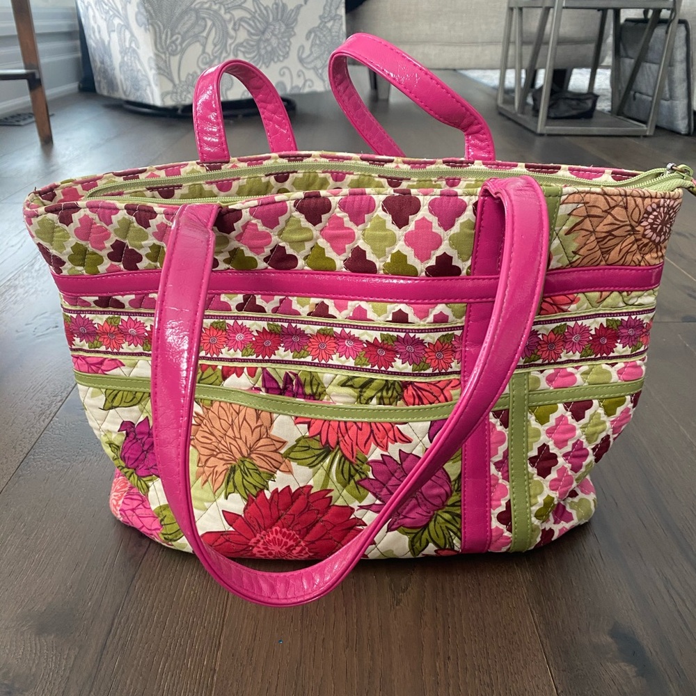 Vera Bradley Pink Floral Quilted Tote with Green Accents